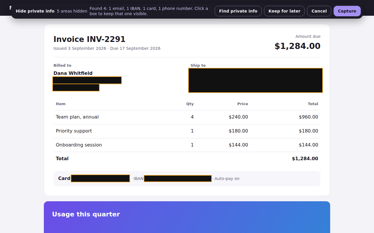 An invoice page where Find private info has covered the customer's email, phone number, card number and IBAN with black boxes, and the address has been covered by hand
